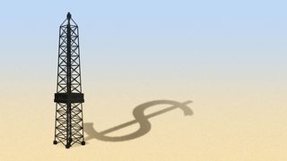 Illustration of an oil rig in the Saudi desert casting a shadow in the shape of a dollar sign